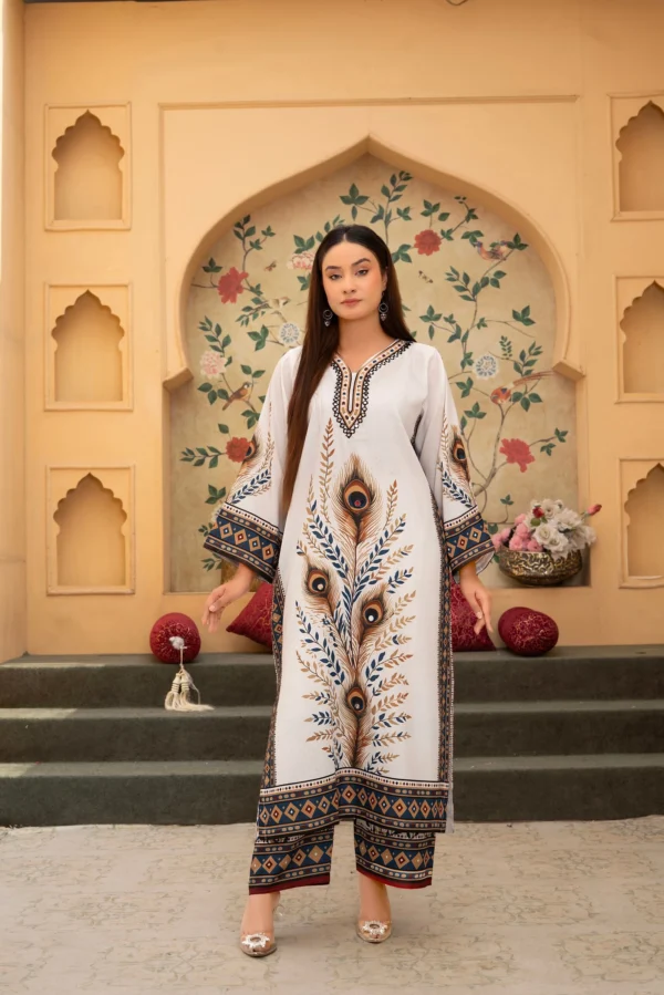 Morni 2PC - White Peacock Print Suit