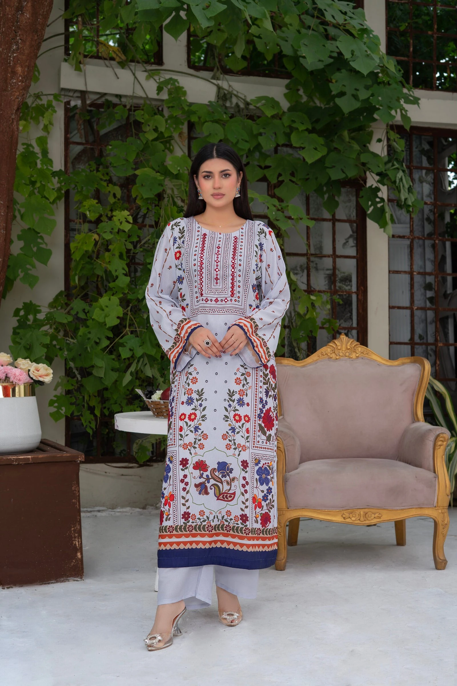 Aabroo 2PC - White Floral Embroidered Suit