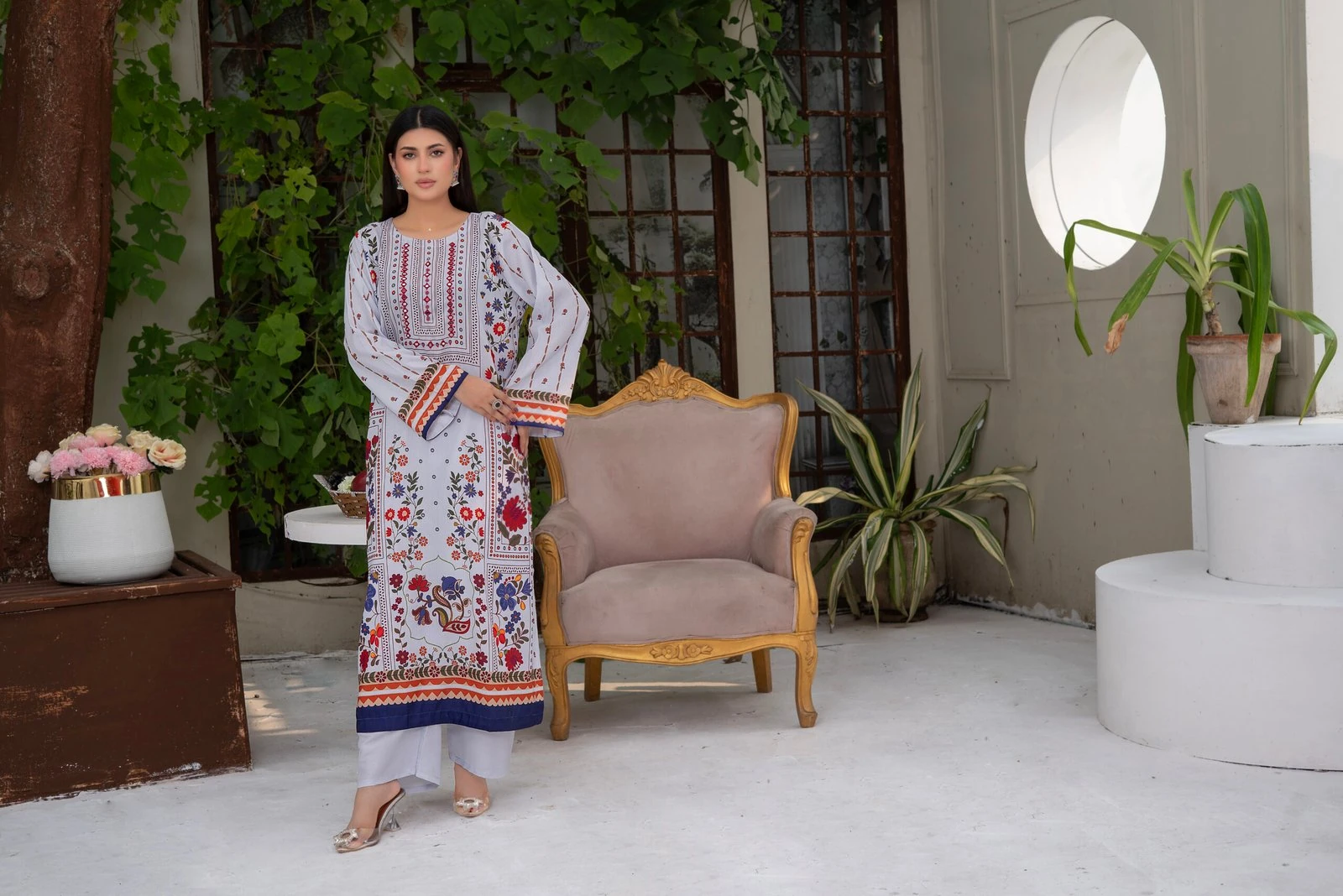 Aabroo 2PC - White Floral Embroidered Suit - Image 4
