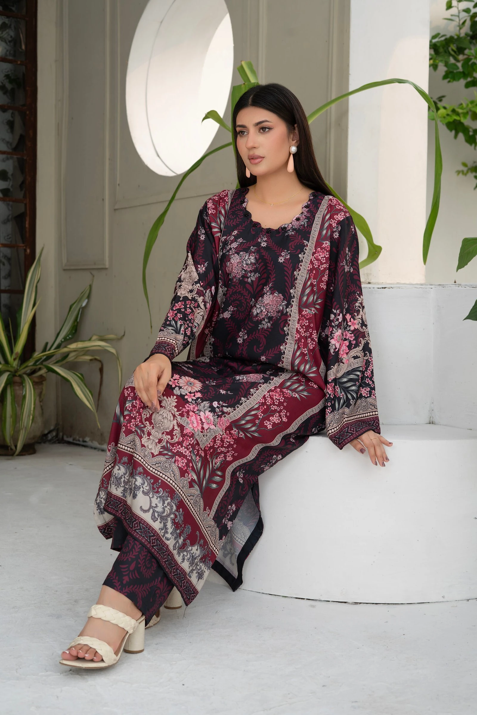 Mahjabeen 2PC - Maroon Floral Suit