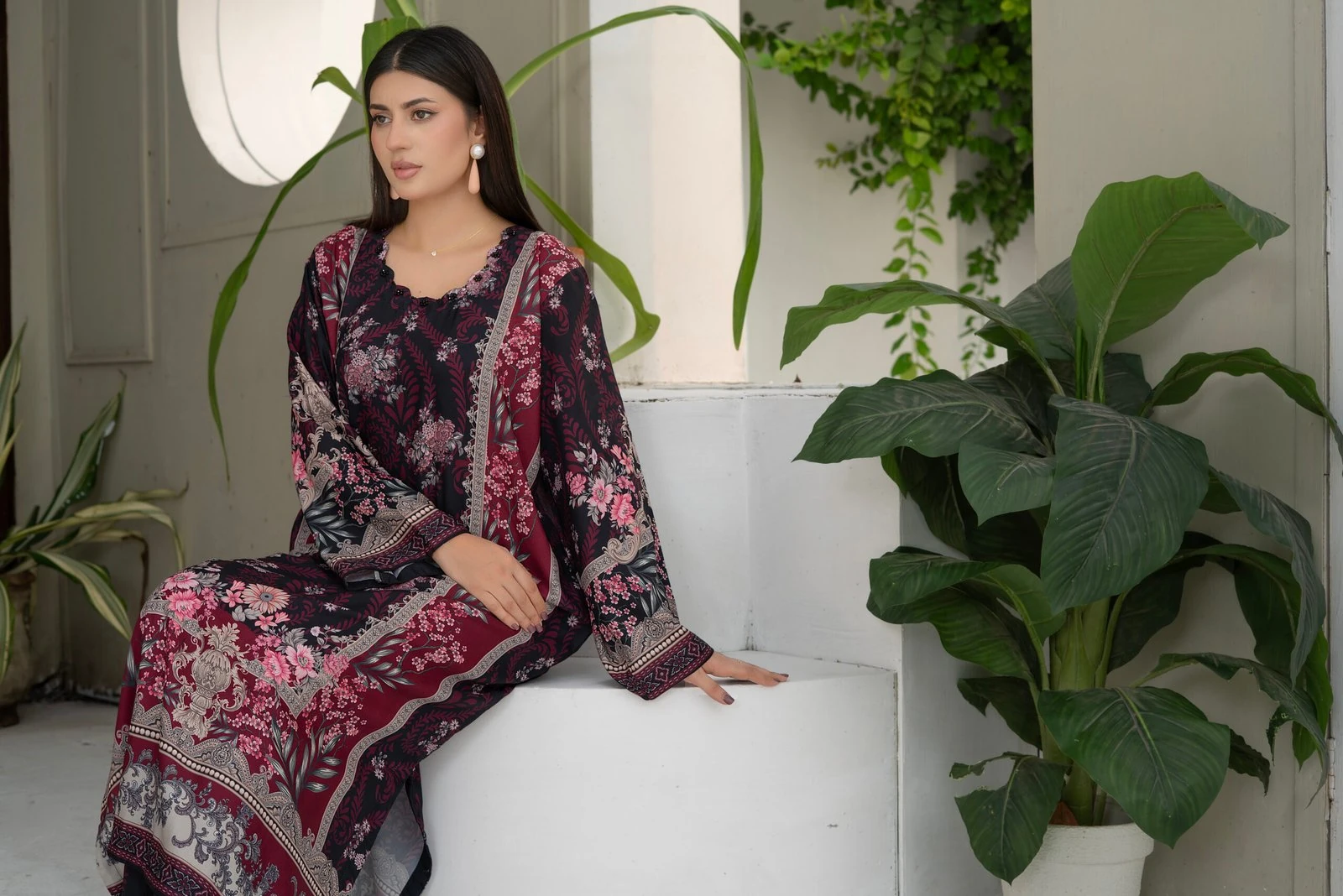 Mahjabeen 2PC - Maroon Floral Suit
